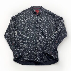 Au Noir Black Button Down Shirt Graphic Doodle Drawing AOP Men Size 6 Casual